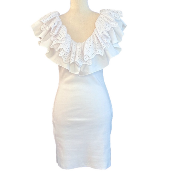EUC Zara White Eyelet Ruffle Neck Mini Dress Size L - Picture 2 of 6